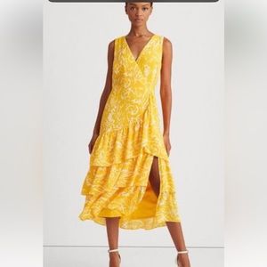 RALPH LAUREN Womens Yellow Floral Sleeveless Surplice Neckline Midi Dress 12